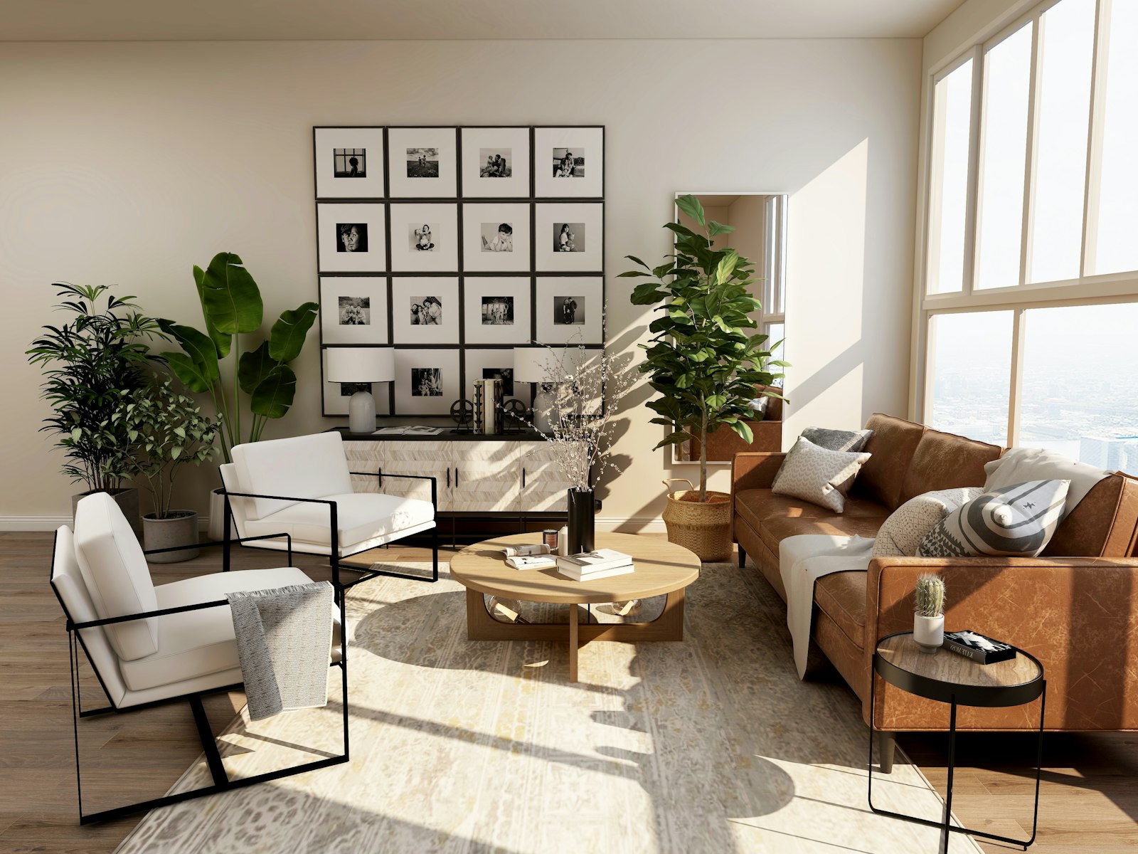 Interior ilustrativo com materiais naturais e luz suave