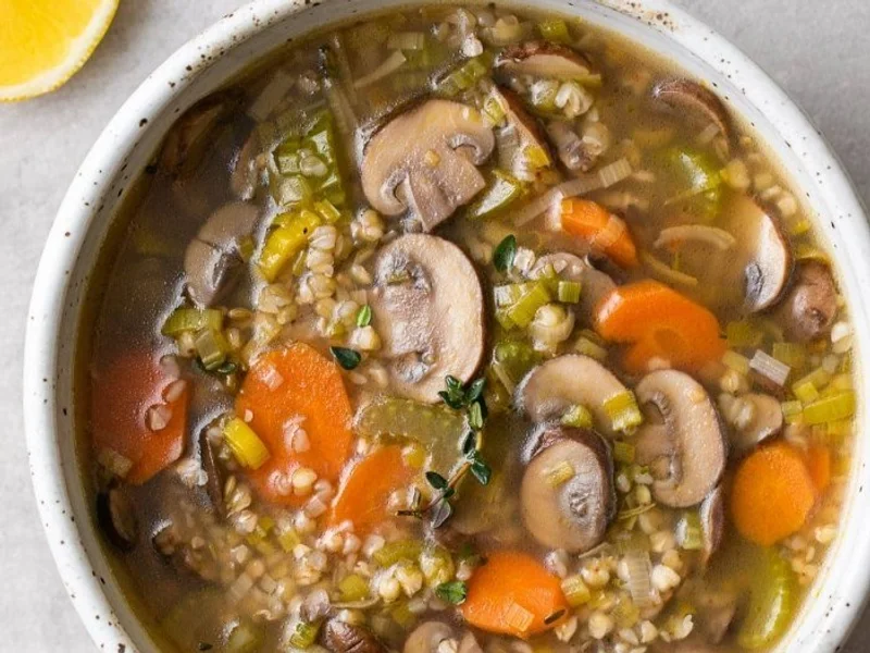 Sopa de cogumelos com trigo-sarraceno, legumes e um caldo delicadamente aromático.