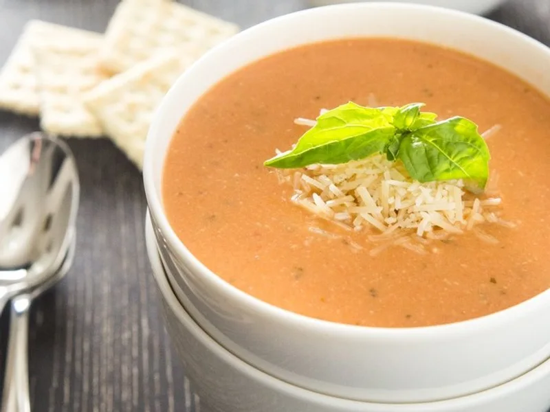 Sopa cremosa de tomates maduros, preparada lentamente para concentrar o sabor.