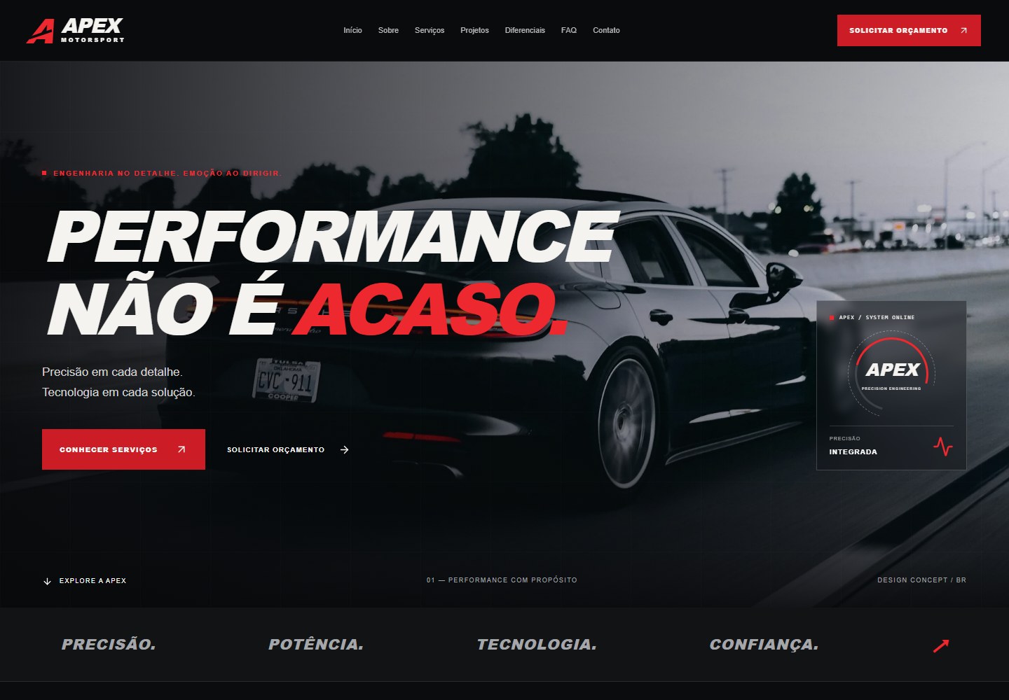 Captura real da página inicial de APEX MOTORSPORT